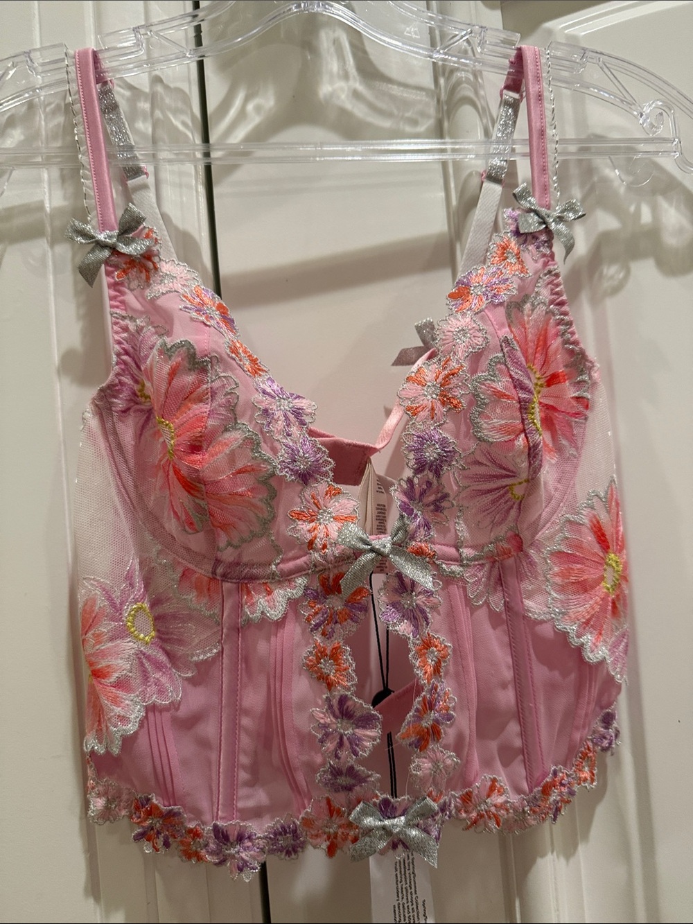 Pink Floral Embroidered Longline Bralette - Brand